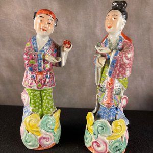 Vintage Famille Rose Pair of Hand Painted Antique Chinese Figurines